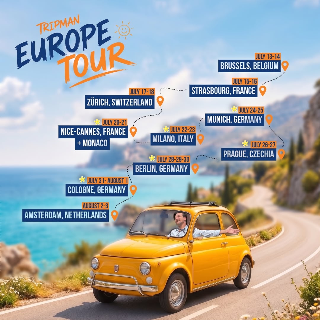The Tripman Europe Tour — Brussels, Strasbourg, Zürich, Nice-Cannes & Monaco, Milano, Munich, Prague, Berlin, Cologne & Amsterdam. Tour dates and booking at trvoo.com